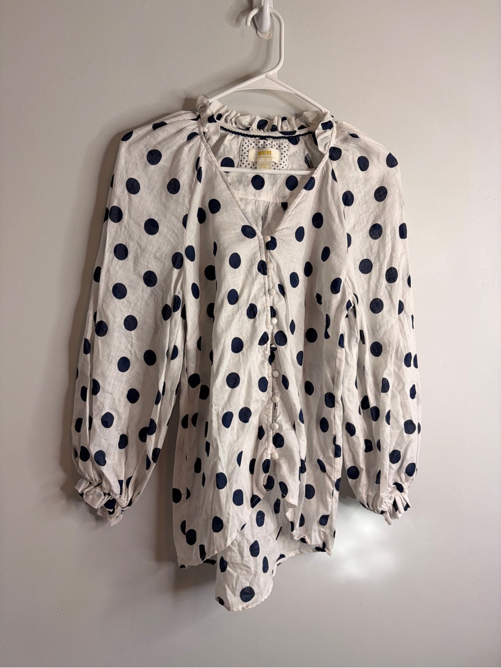 Maeve 100% Linen Polka Dot V-Neck Blouse - White with Navy Dots